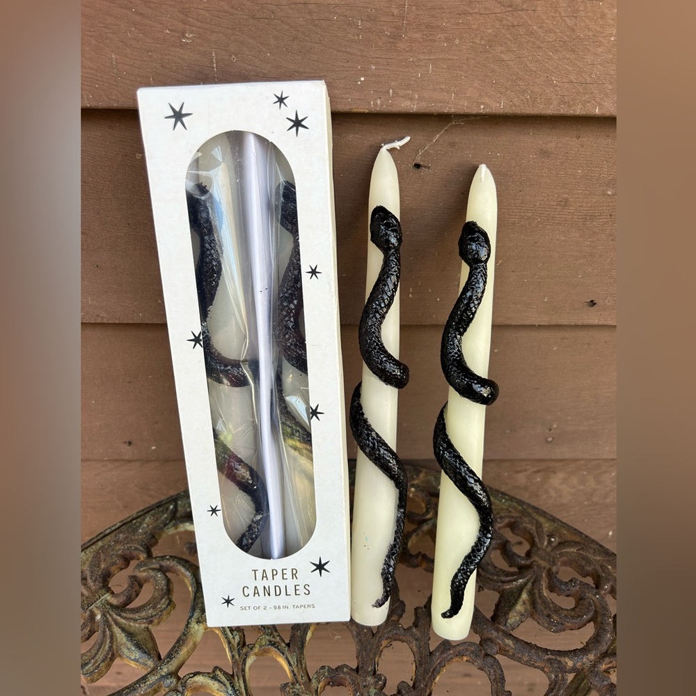 Anthropologie Cream Taper Candles with Black Snake Detail (Set of 2)